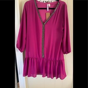Francesca's Collections Magenta Embellished V-Neck Tunic/Mini Dress